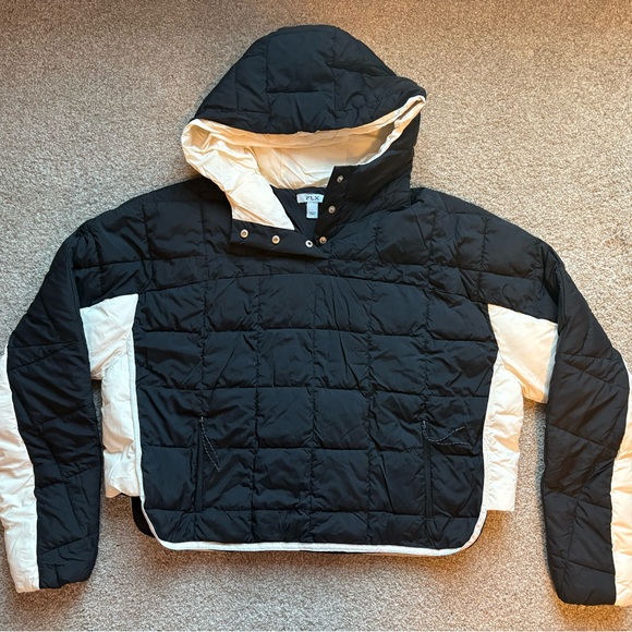 FLX Cropped Puffer Pullover Jacket Black White Hooded - Picture 2 of 6